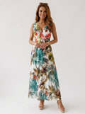 Jaelyn | Robe longue tropicale pour femme avec col en V, coupe maxi fluide et sans manches
