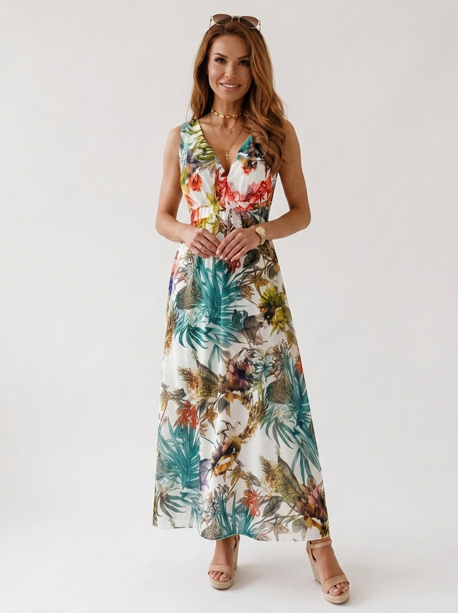 Jaelyn | Robe longue tropicale pour femme avec col en V, coupe maxi fluide et sans manches