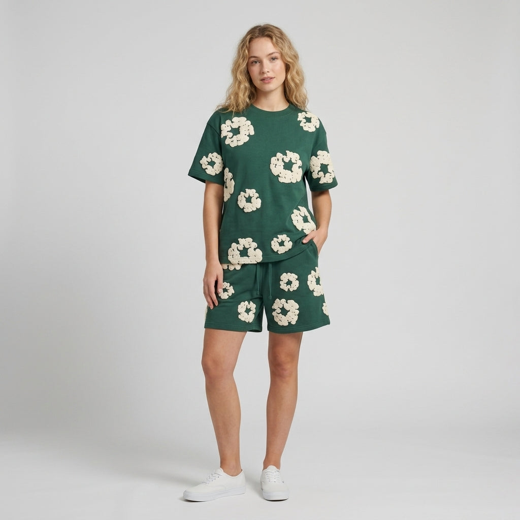 Émeline | Ensemble 2 pièces pour femme avec short en coton – Imprimé floral en 3D, tenue estivale décontractée