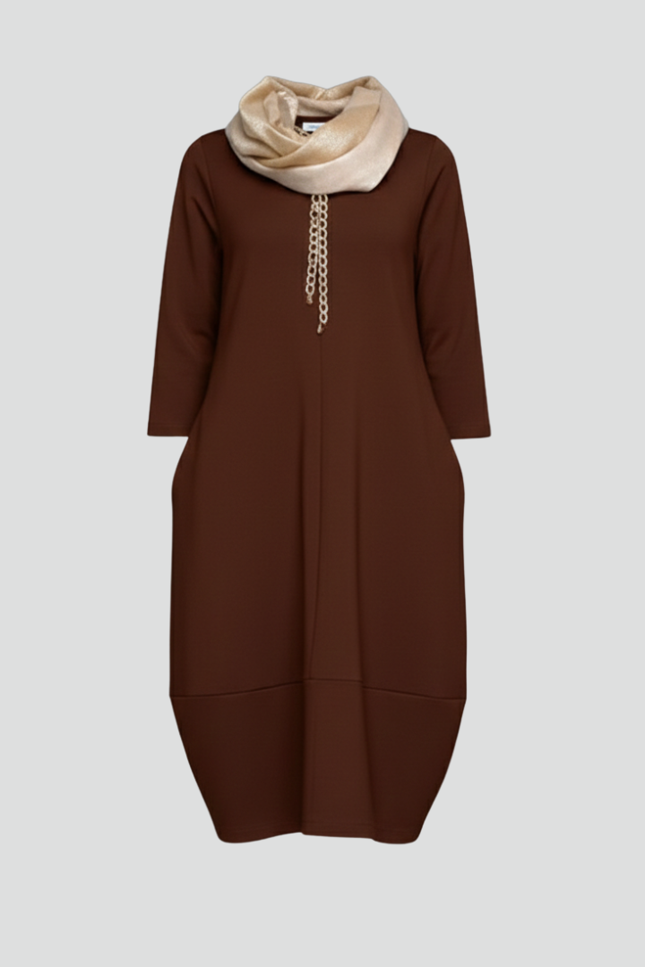 Brinora | Robe midi pour femme à col rond, manches longues et poches latérales