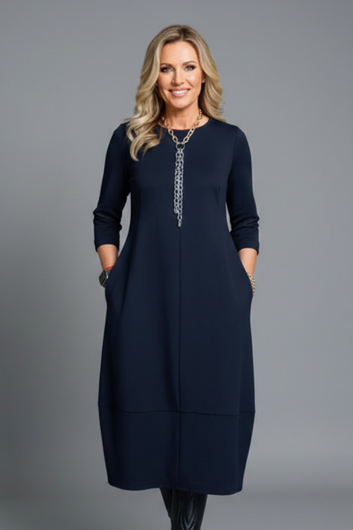 Brinora | Robe midi pour femme à col rond, manches longues et poches latérales