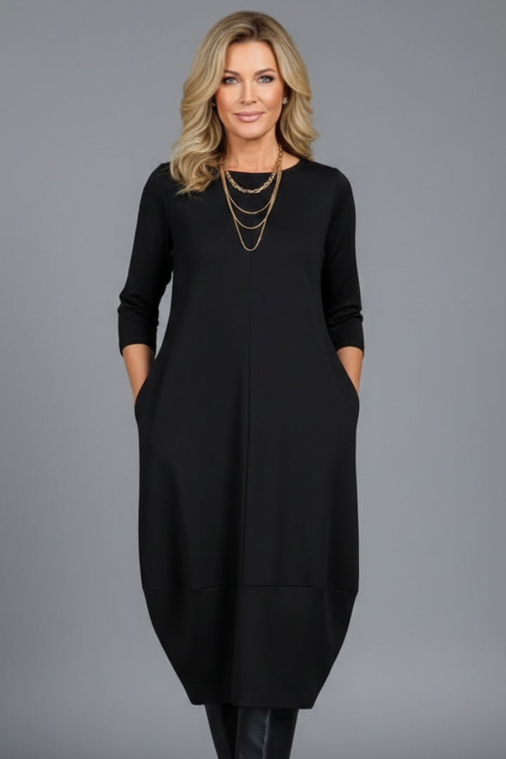Brinora | Robe midi pour femme à col rond, manches longues et poches latérales