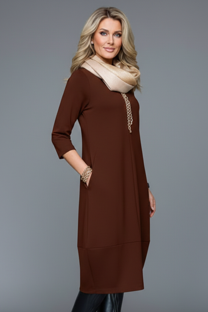 Brinora | Robe midi pour femme à col rond, manches longues et poches latérales
