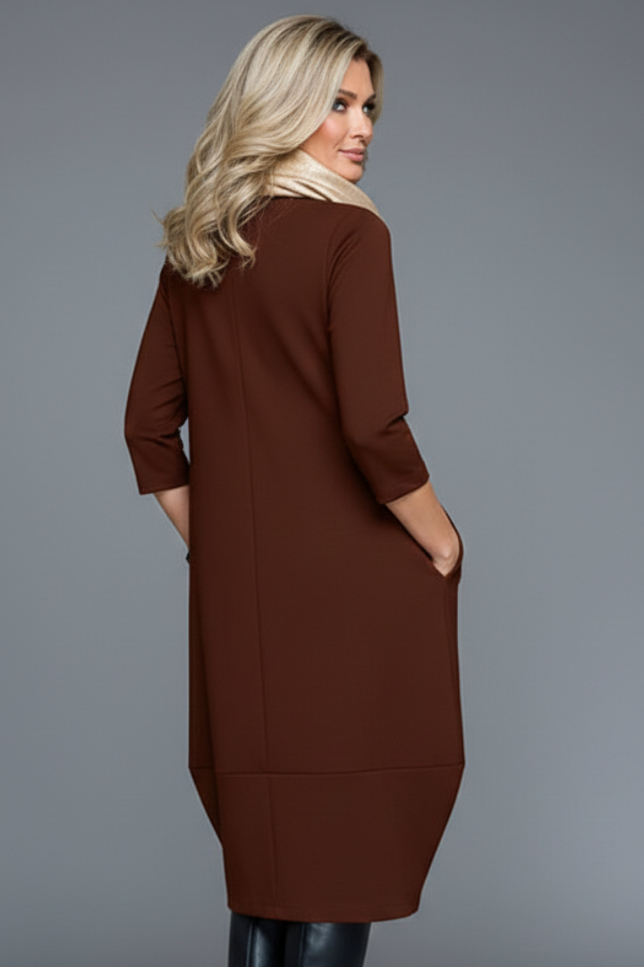 Brinora | Robe midi pour femme à col rond, manches longues et poches latérales