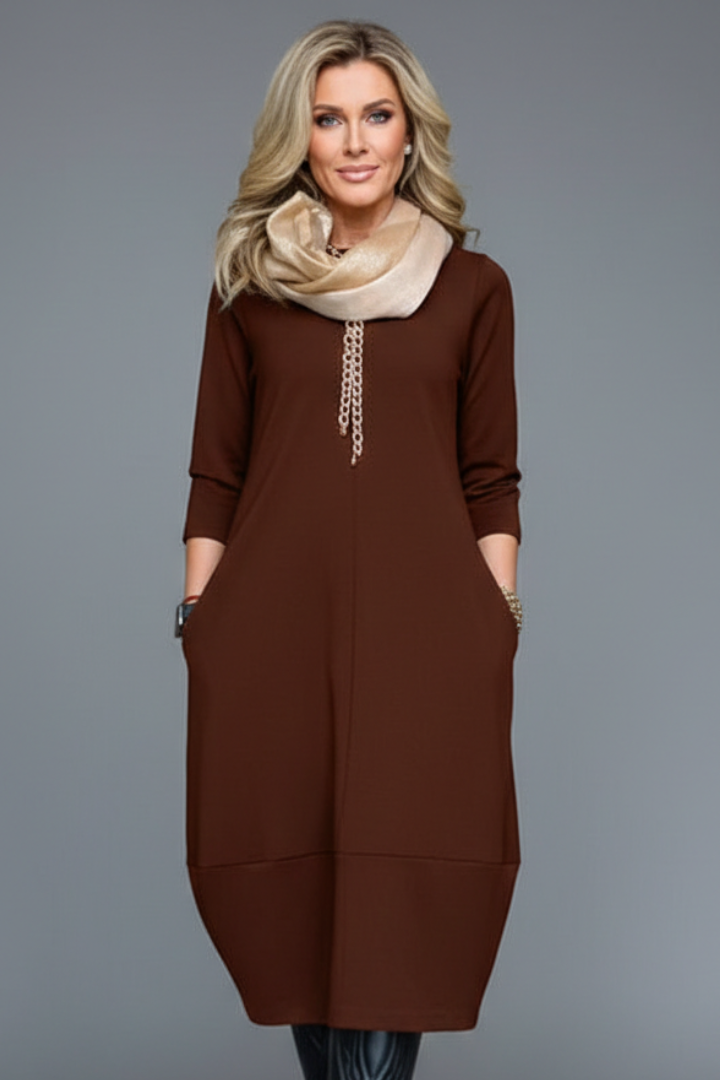 Brinora | Robe midi pour femme à col rond, manches longues et poches latérales