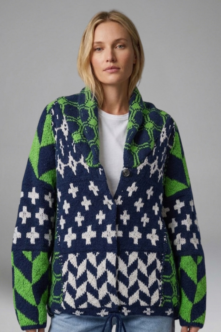 Elorielle | Cardigan en maille à motifs pour femme – Fermeture à boutons sur le devant, col montant