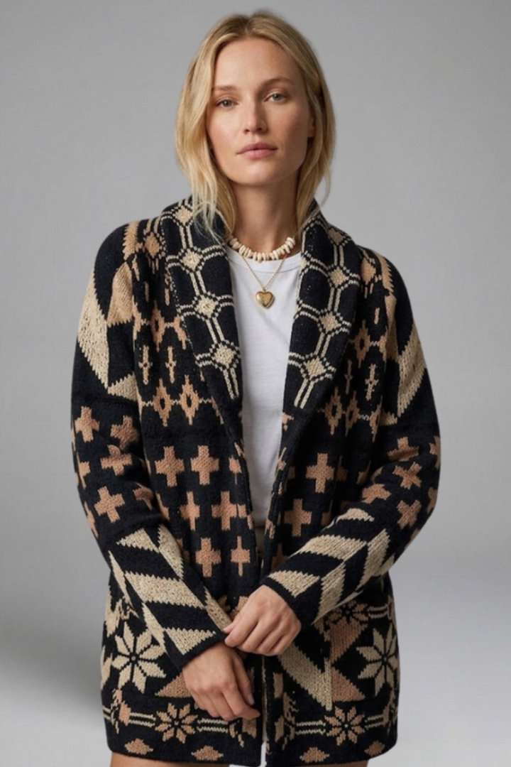 Elorielle | Cardigan en maille à motifs pour femme – Fermeture à boutons sur le devant, col montant