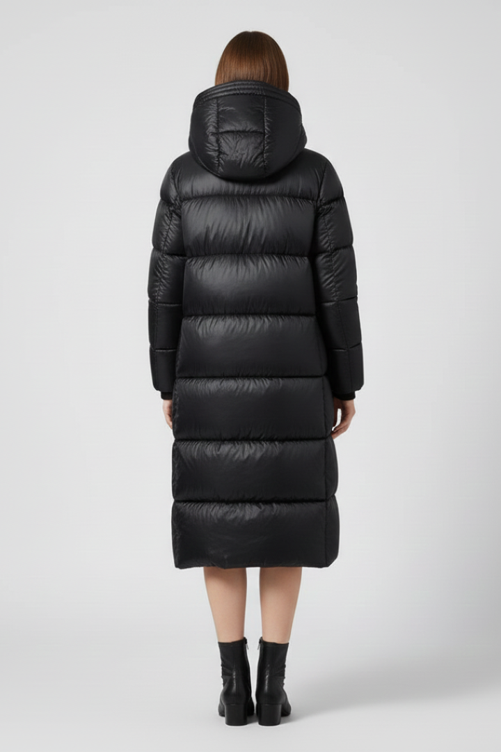 Kalyra | Long manteau matelassé pour femme – Veste à capuche, fermeture zippée et doublure isolante