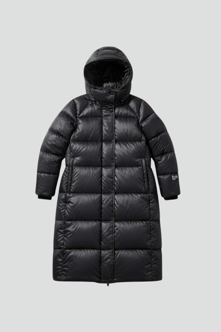 Kalyra | Long manteau matelassé pour femme – Veste à capuche, fermeture zippée et doublure isolante