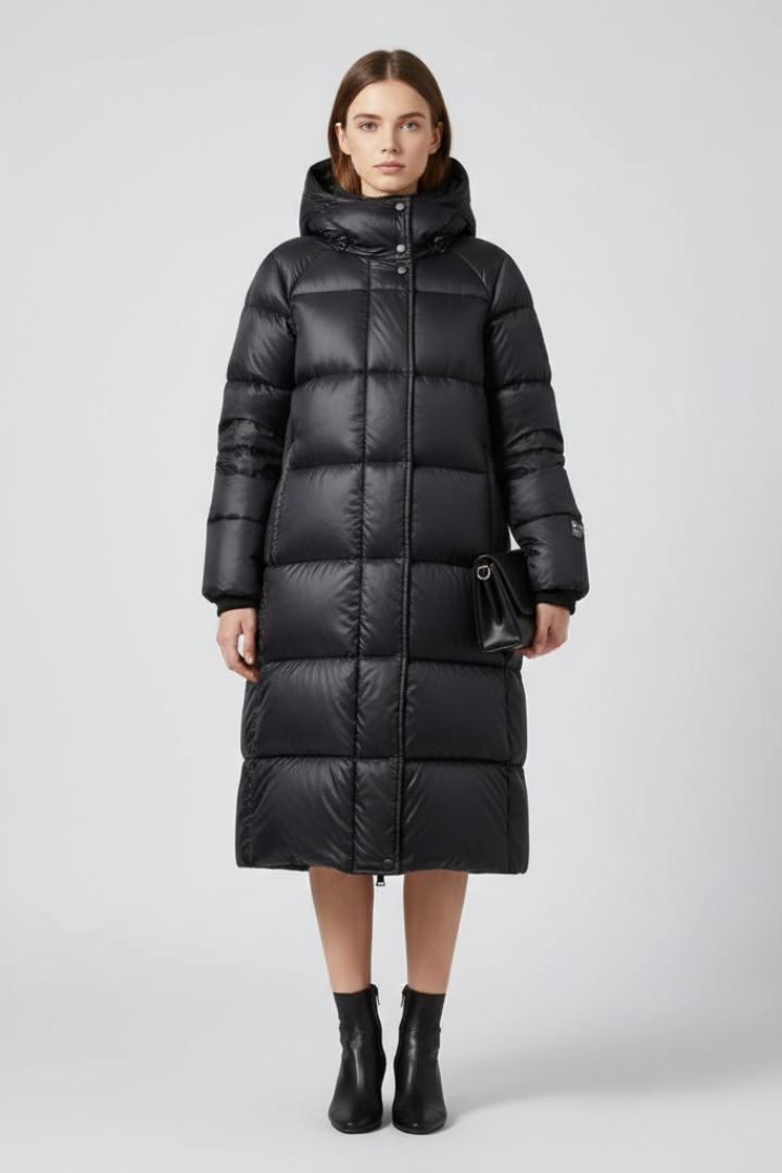 Kalyra | Long manteau matelassé pour femme – Veste à capuche, fermeture zippée et doublure isolante