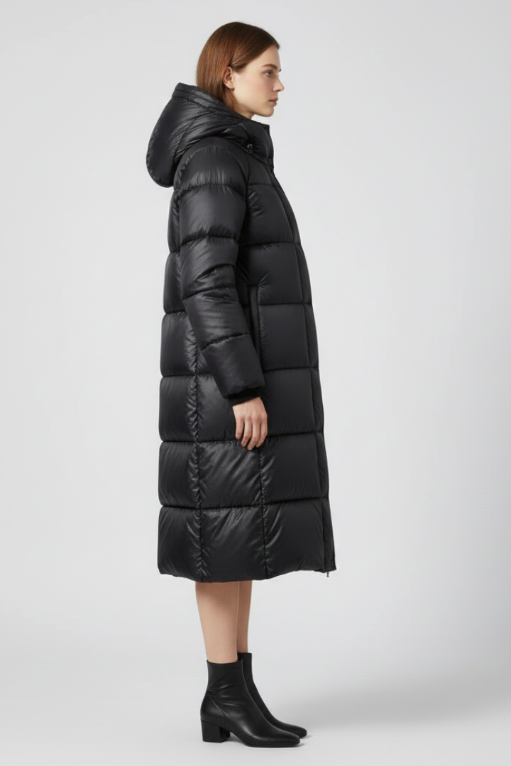 Kalyra | Long manteau matelassé pour femme – Veste à capuche, fermeture zippée et doublure isolante