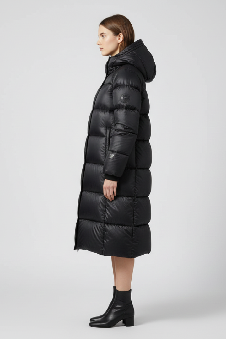 Kalyra | Long manteau matelassé pour femme – Veste à capuche, fermeture zippée et doublure isolante