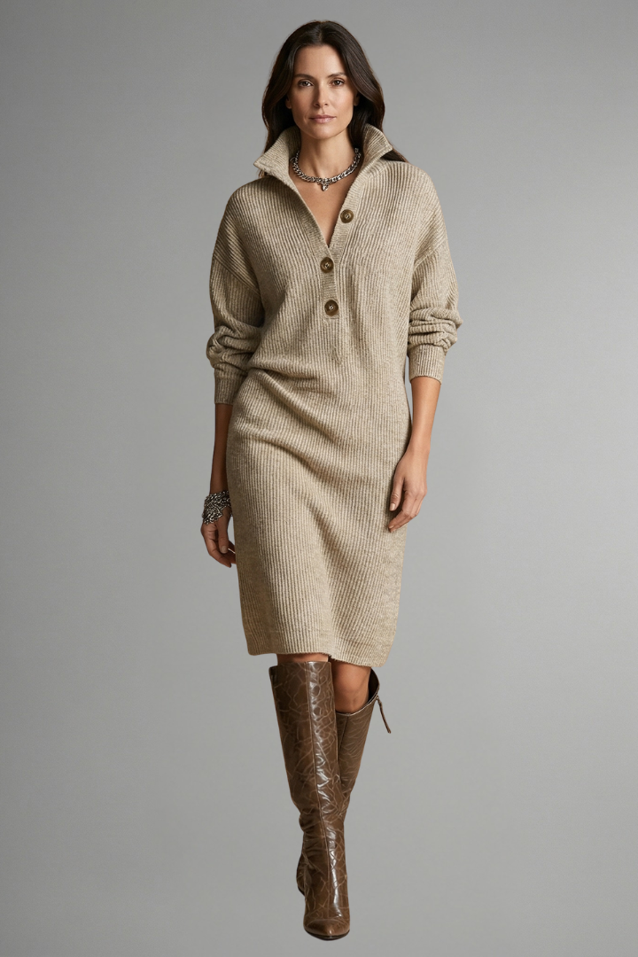 Elysiane | Robe Pull en Maille Côtelée pour Femme – Robe à Manches Longues Mi-Longue