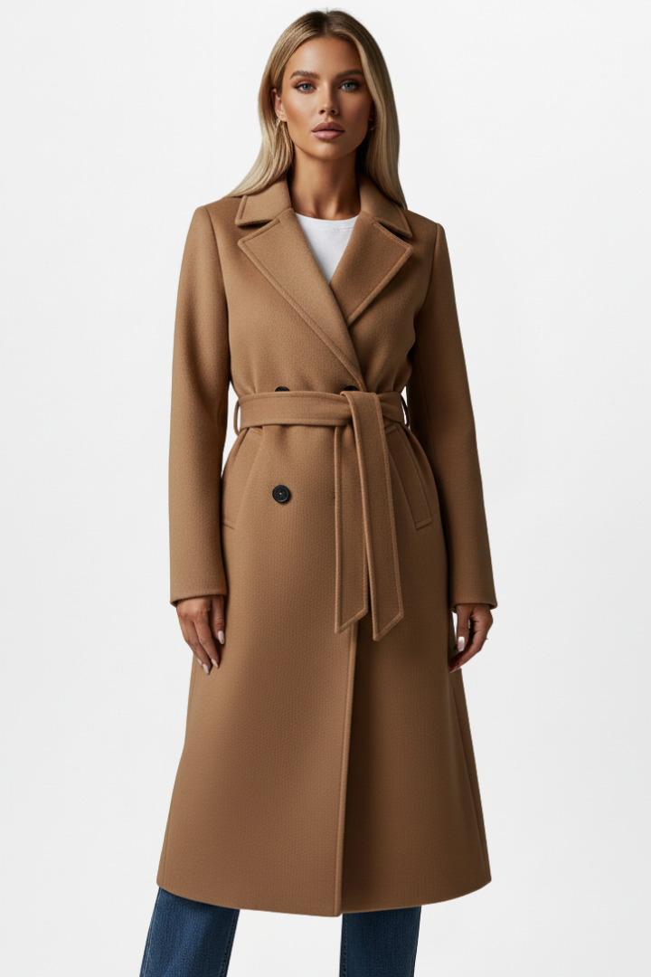 Cosima | Manteau long pour femme – Fermeture croisée, ceinture à la taille, coupe longue