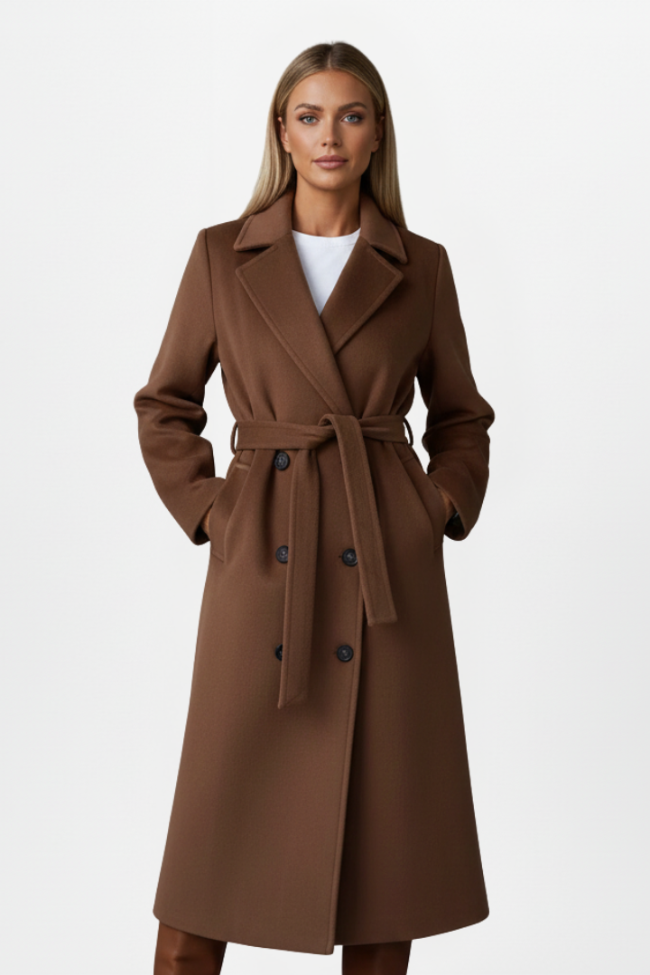 Cosima | Manteau long pour femme – Fermeture croisée, ceinture à la taille, coupe longue