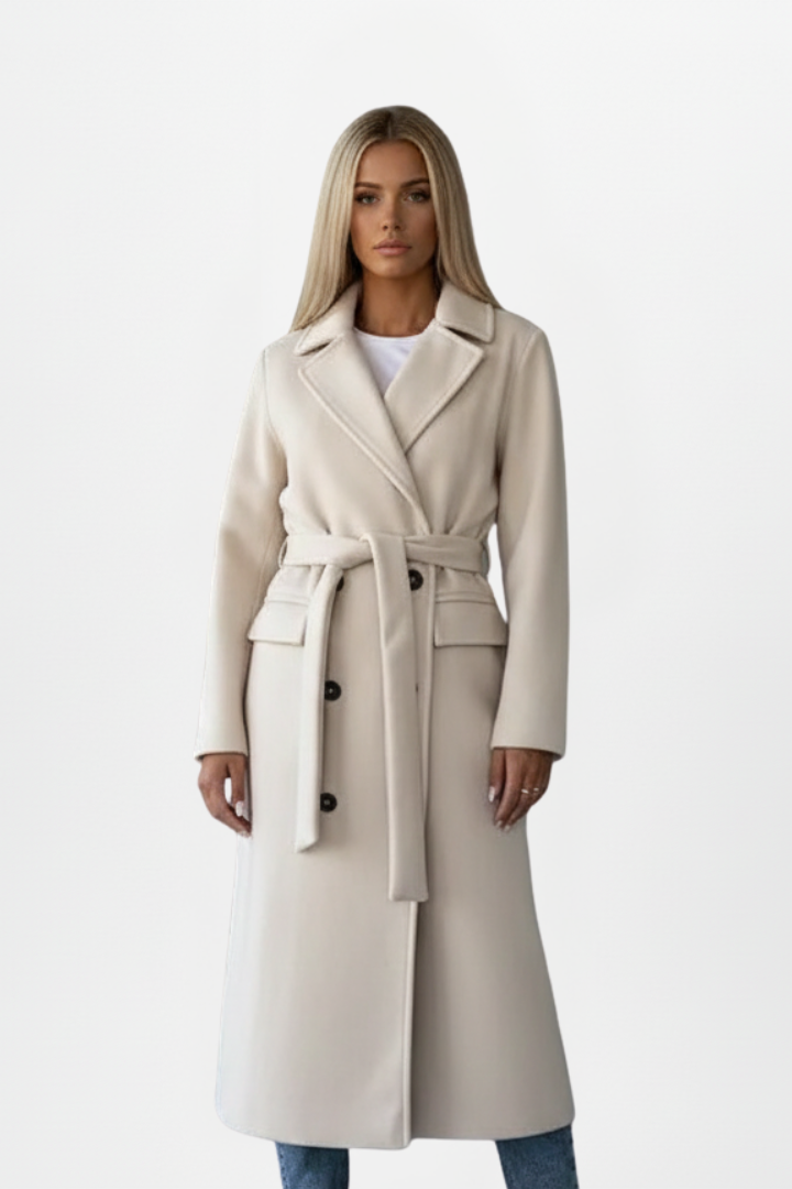 Cosima | Manteau long pour femme – Fermeture croisée, ceinture à la taille, coupe longue