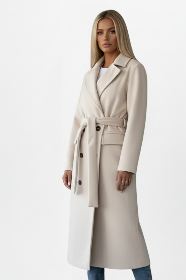 Cosima | Manteau long pour femme – Fermeture croisée, ceinture à la taille, coupe longue