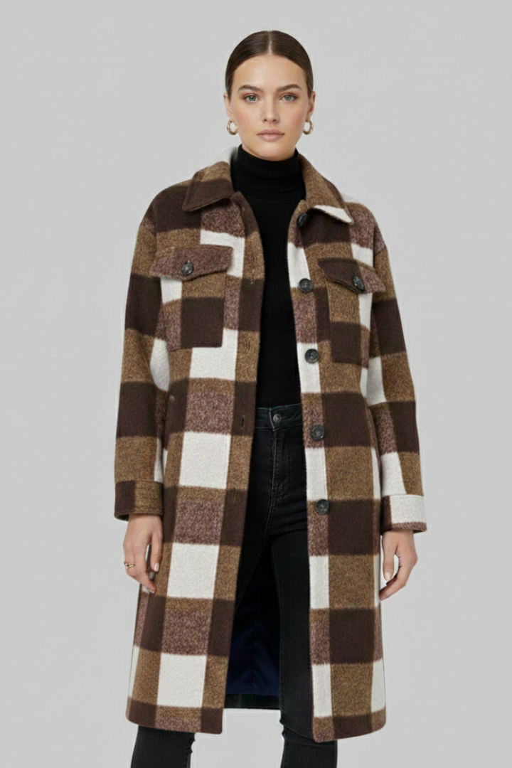 Delara | Manteau long à carreaux pour femme – Fermeture à boutons sur le devant