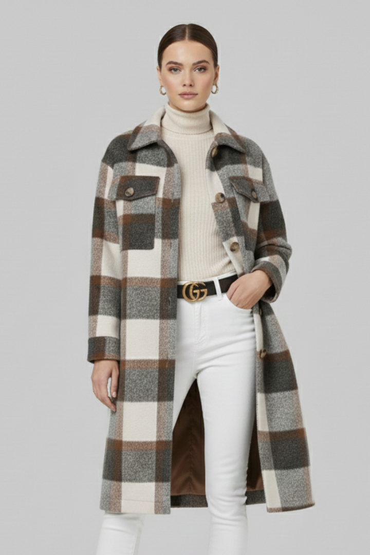 Delara | Manteau long à carreaux pour femme – Fermeture à boutons sur le devant