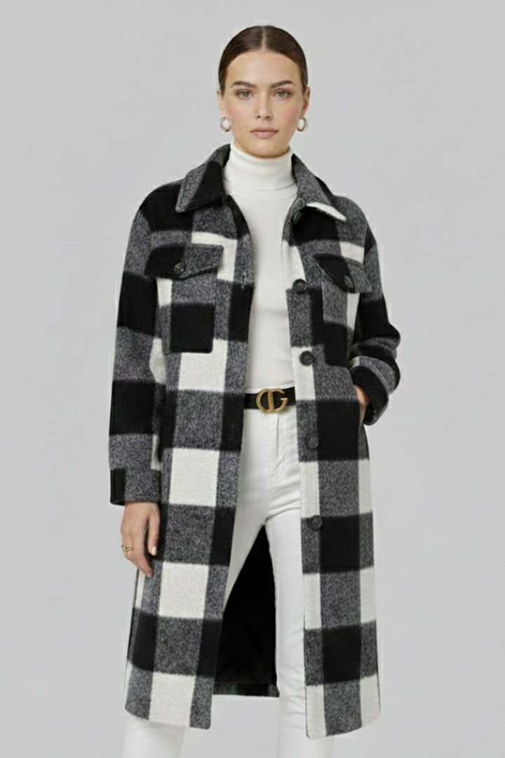 Delara | Manteau long à carreaux pour femme – Fermeture à boutons sur le devant