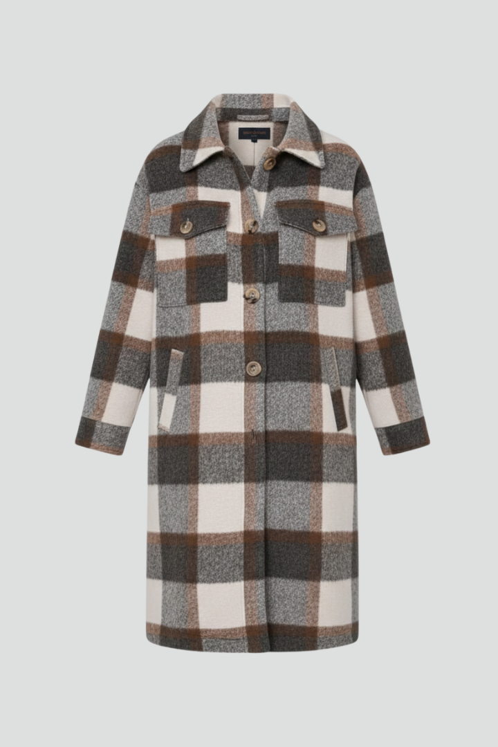 Delara | Manteau long à carreaux pour femme – Fermeture à boutons sur le devant