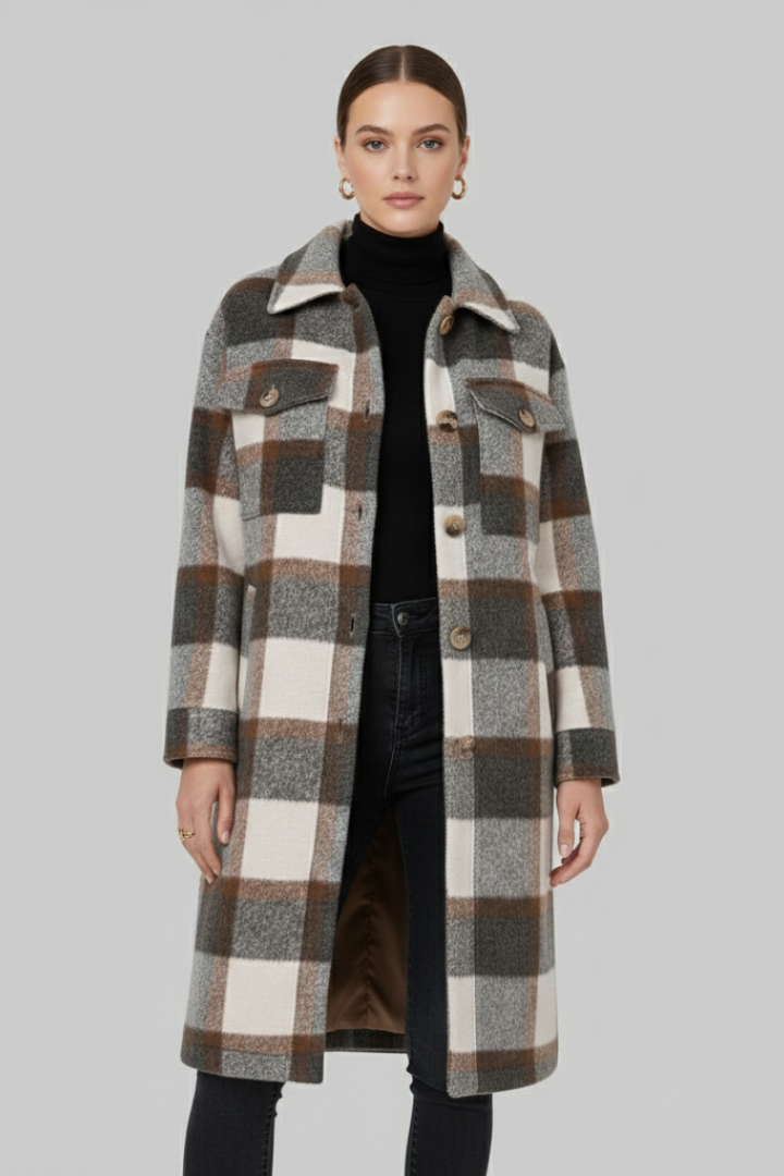 Delara | Manteau long à carreaux pour femme – Fermeture à boutons sur le devant