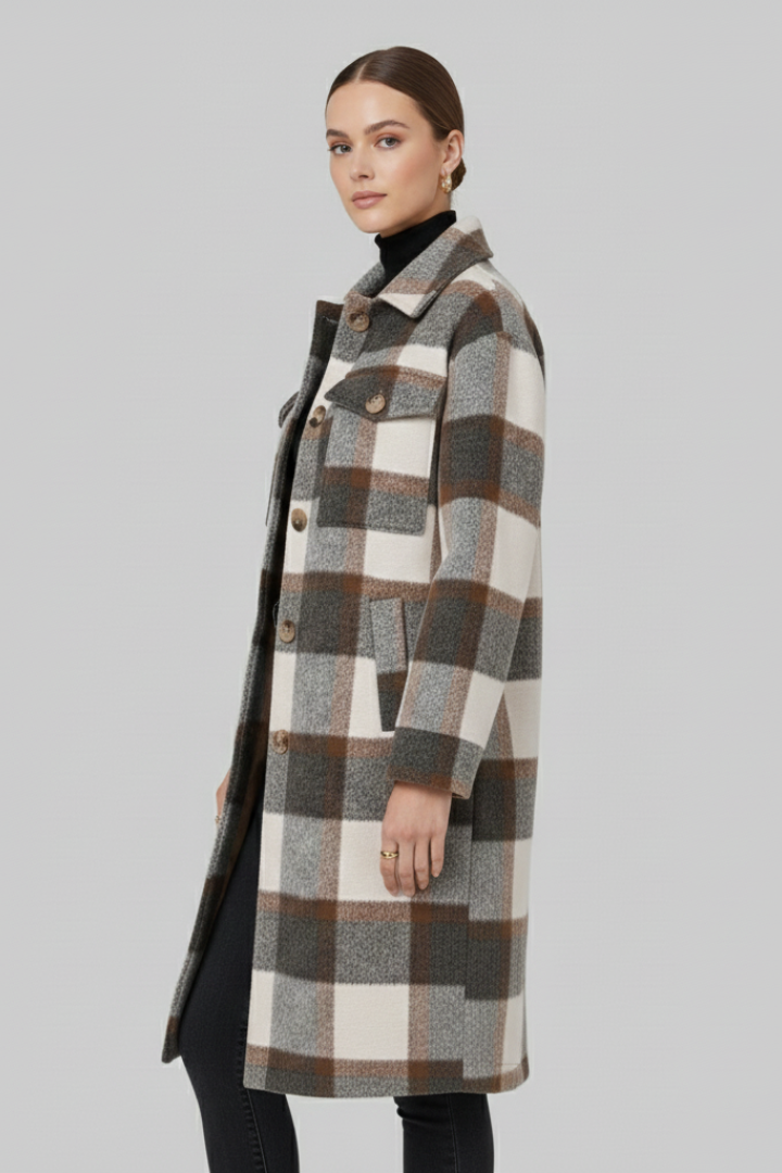 Delara | Manteau long à carreaux pour femme – Fermeture à boutons sur le devant