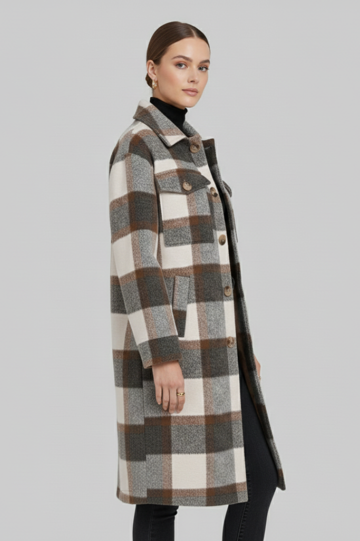 Delara | Manteau long à carreaux pour femme – Fermeture à boutons sur le devant
