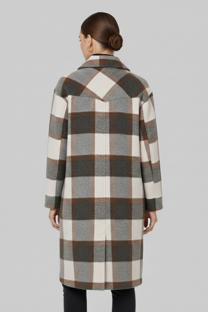 Delara | Manteau long à carreaux pour femme – Fermeture à boutons sur le devant
