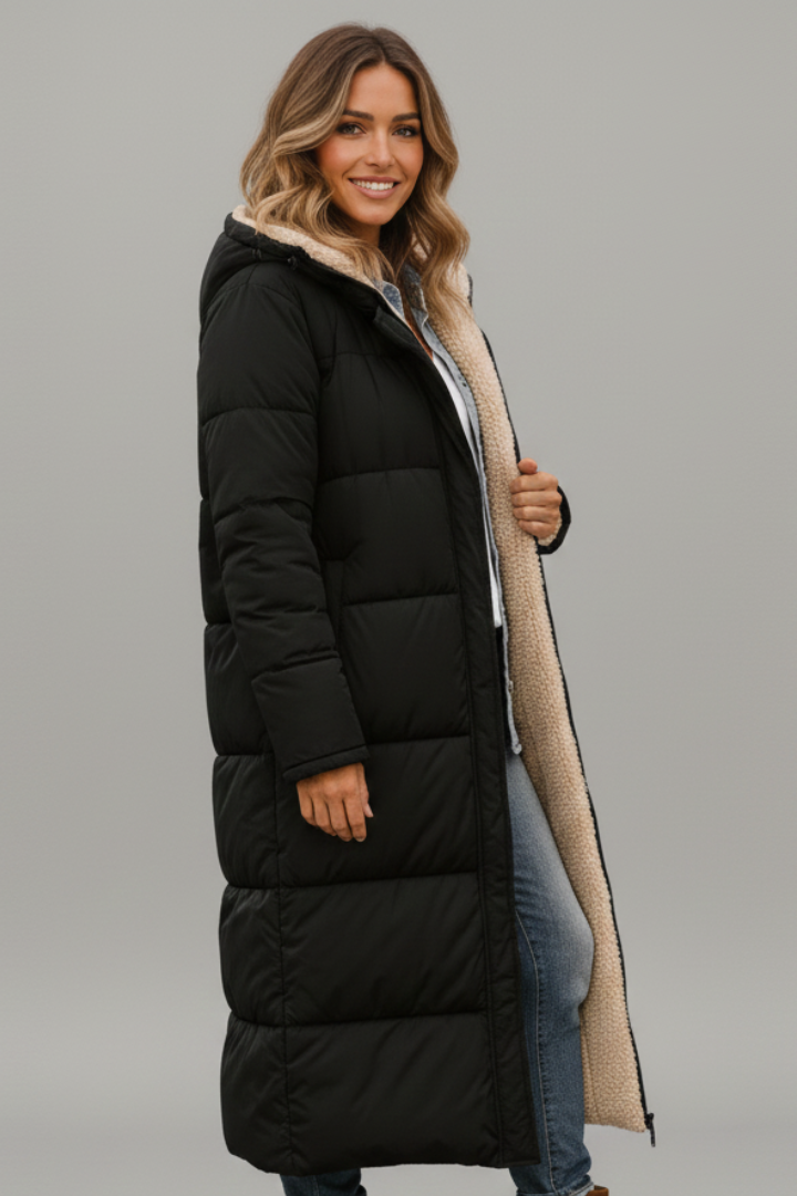 Cailora | Manteau long à capuche pour femme avec fermeture éclair sur toute la longueur à l'avant