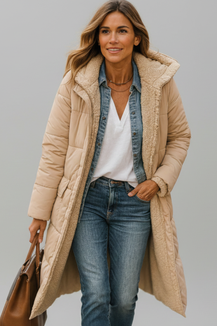 Cailora | Manteau long à capuche pour femme avec fermeture éclair sur toute la longueur à l'avant