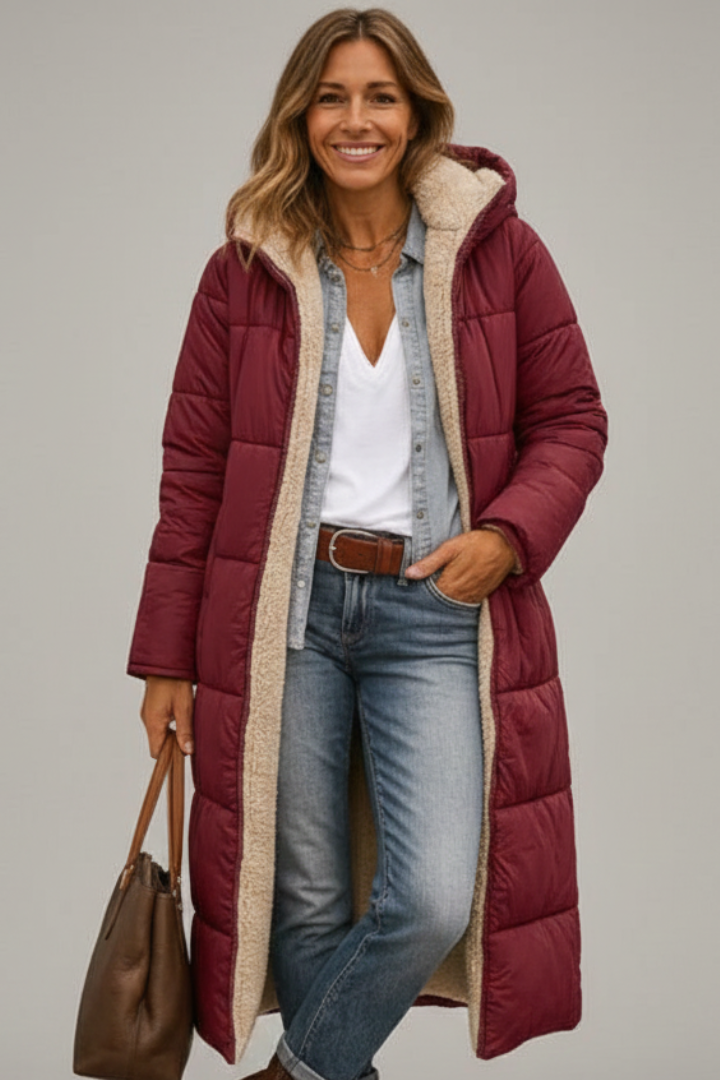 Cailora | Manteau long à capuche pour femme avec fermeture éclair sur toute la longueur à l'avant
