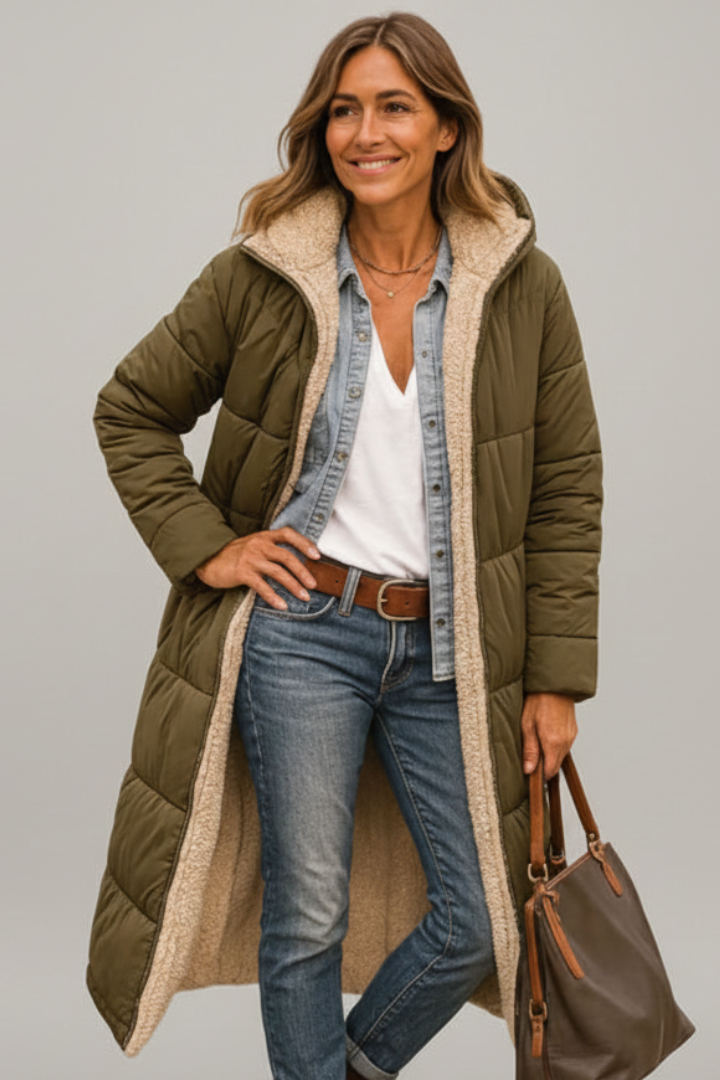 Cailora | Manteau long à capuche pour femme avec fermeture éclair sur toute la longueur à l'avant