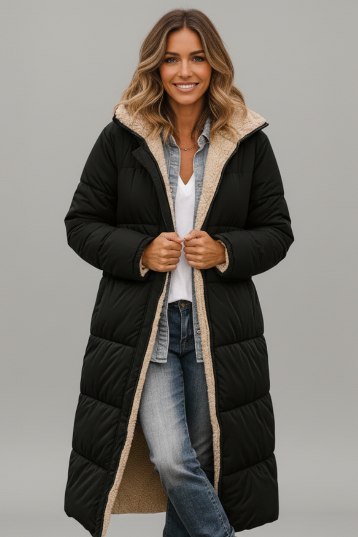 Cailora | Manteau long à capuche pour femme avec fermeture éclair sur toute la longueur à l'avant