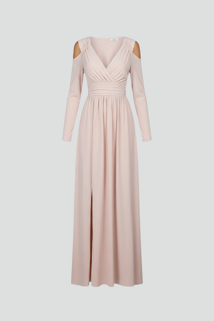 Maristelle | Robe longue pour femme à col en V, manches longues et fente sur le côté