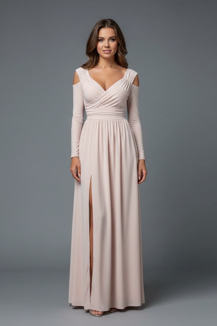 Maristelle | Robe longue pour femme à col en V, manches longues et fente sur le côté