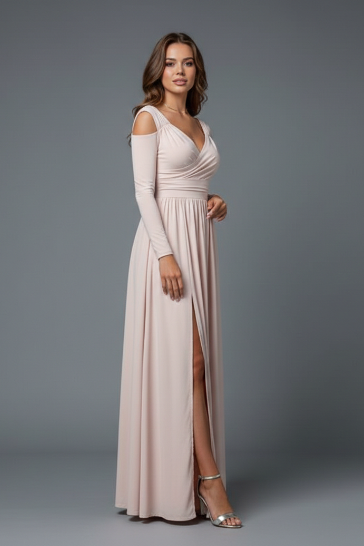 Maristelle | Robe longue pour femme à col en V, manches longues et fente sur le côté