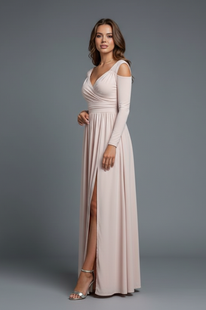 Maristelle | Robe longue pour femme à col en V, manches longues et fente sur le côté