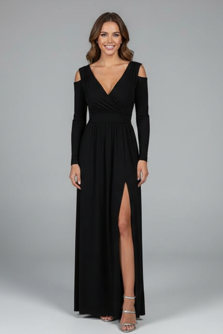 Maristelle | Robe longue pour femme à col en V, manches longues et fente sur le côté