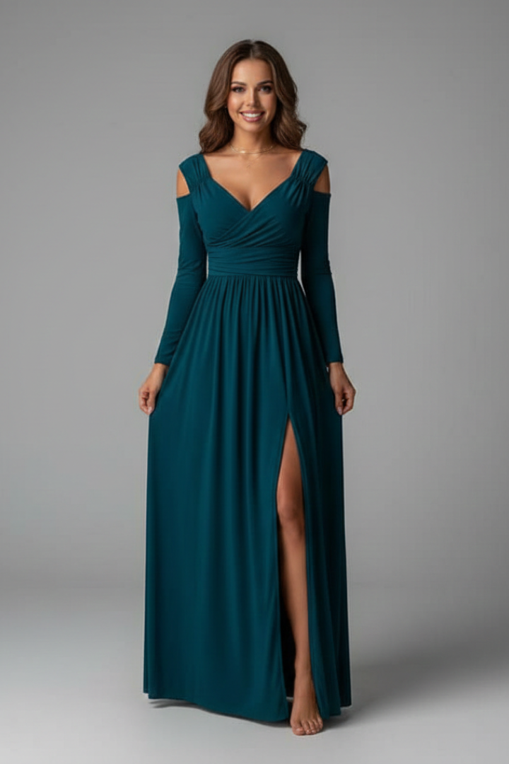 Maristelle | Robe longue pour femme à col en V, manches longues et fente sur le côté