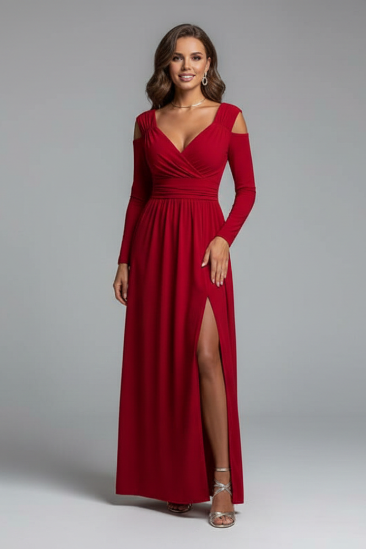 Maristelle | Robe longue pour femme à col en V, manches longues et fente sur le côté