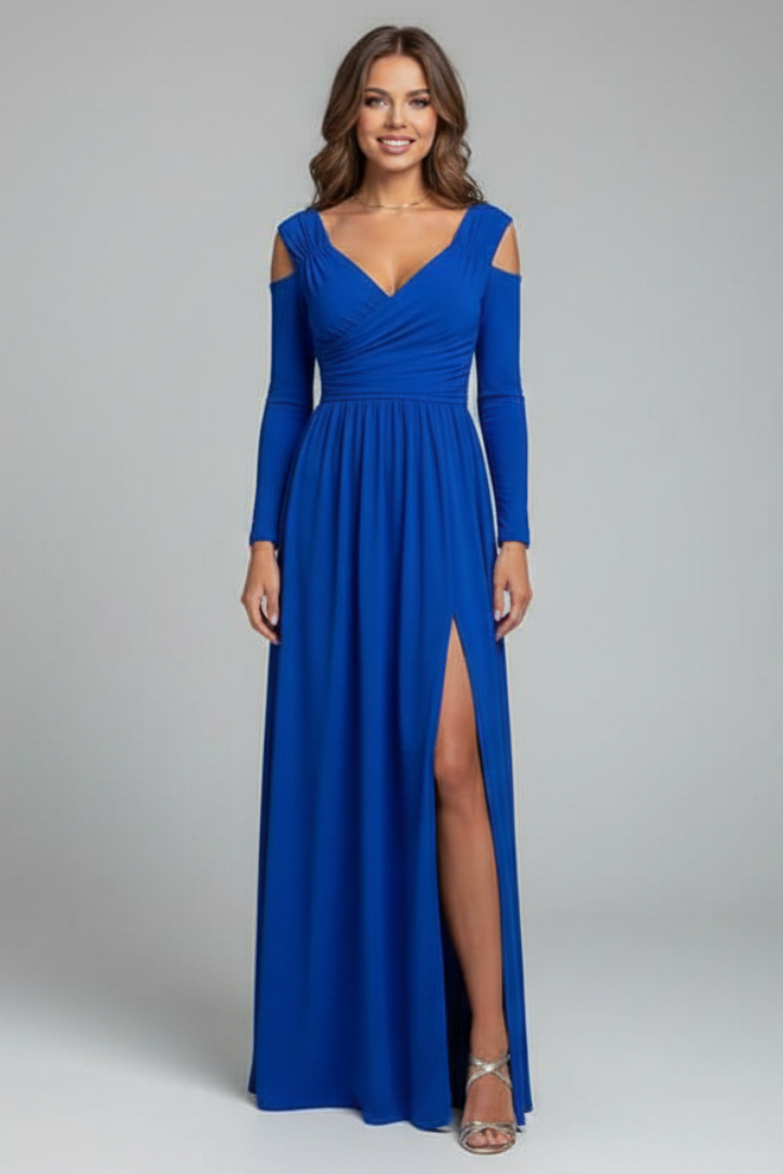 Maristelle | Robe longue pour femme à col en V, manches longues et fente sur le côté