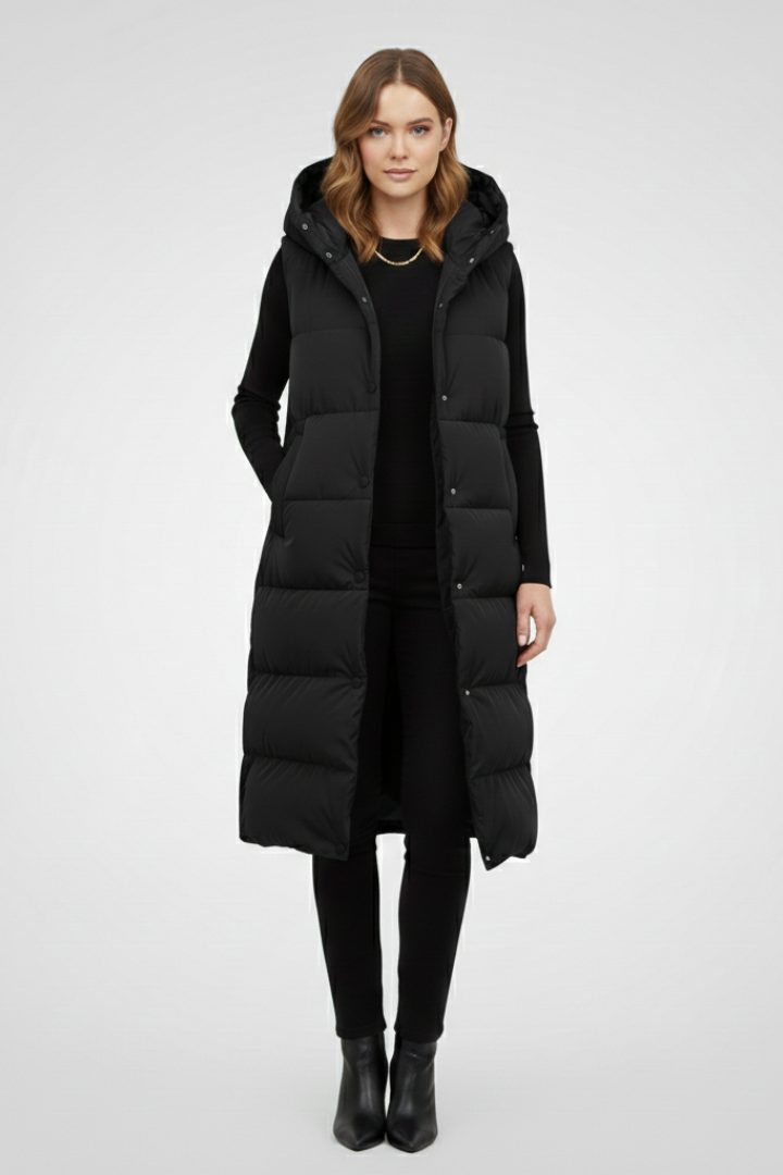 Juno | Gilet long à capuche pour femme – Longueur mi-longue et poches latérales