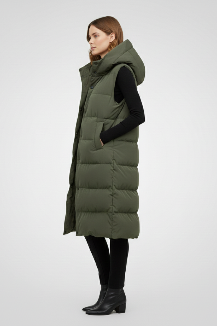 Juno | Gilet long à capuche pour femme – Longueur mi-longue et poches latérales