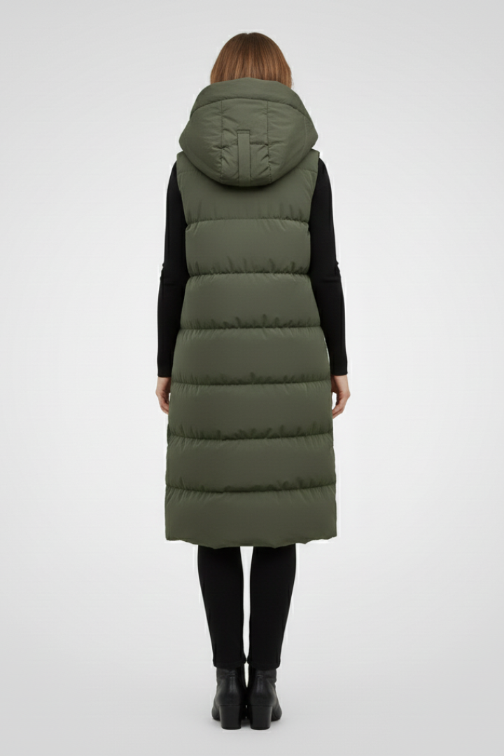Juno | Gilet long à capuche pour femme – Longueur mi-longue et poches latérales