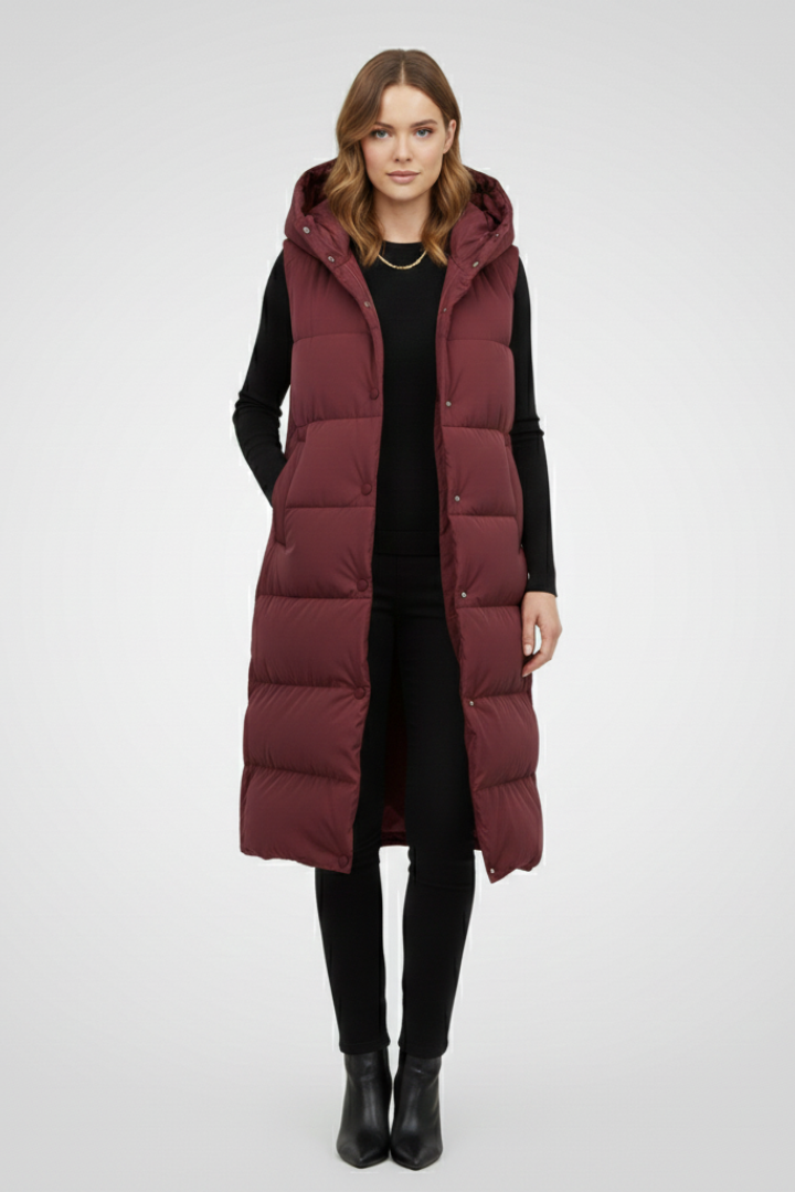 Juno | Gilet long à capuche pour femme – Longueur mi-longue et poches latérales