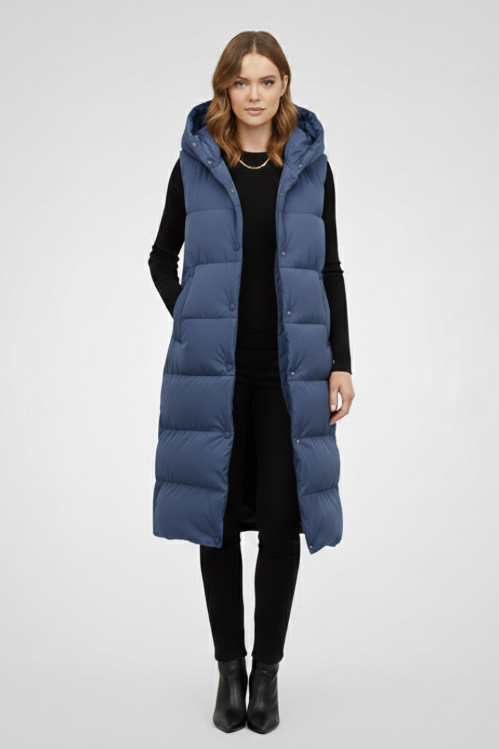 Juno | Gilet long à capuche pour femme – Longueur mi-longue et poches latérales