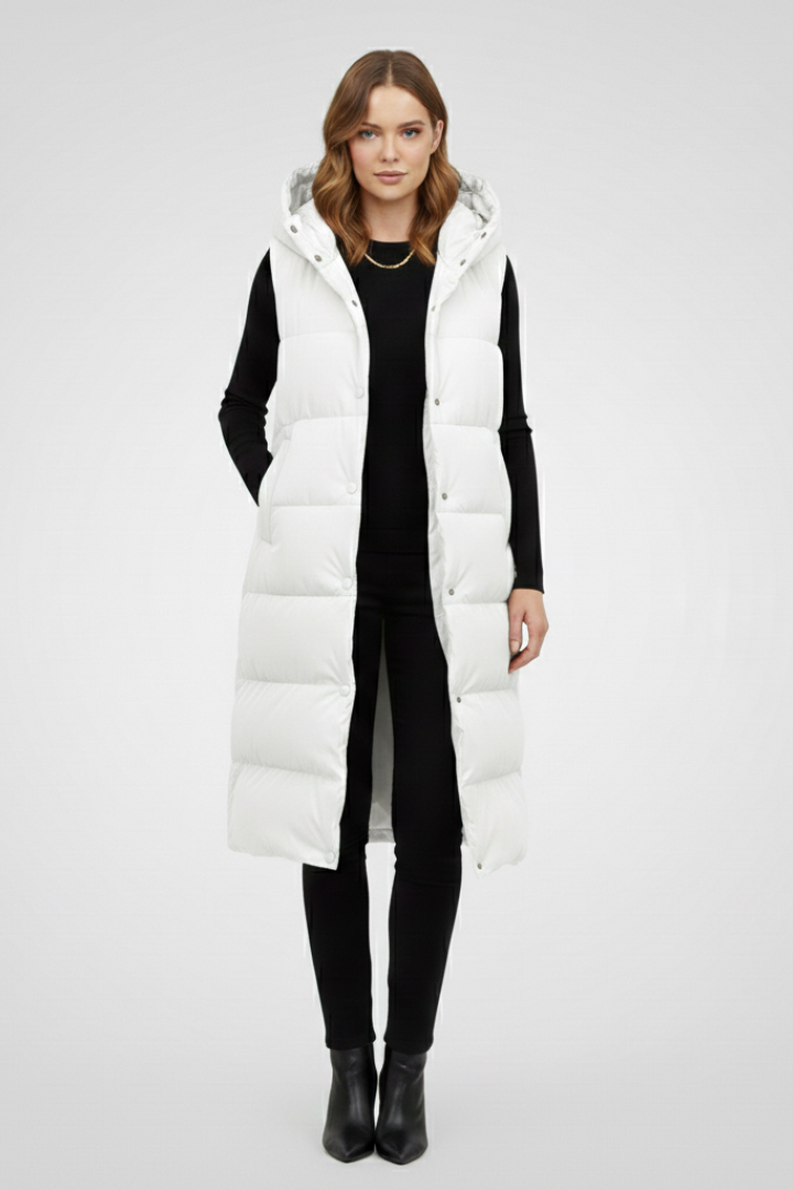 Juno | Gilet long à capuche pour femme – Longueur mi-longue et poches latérales