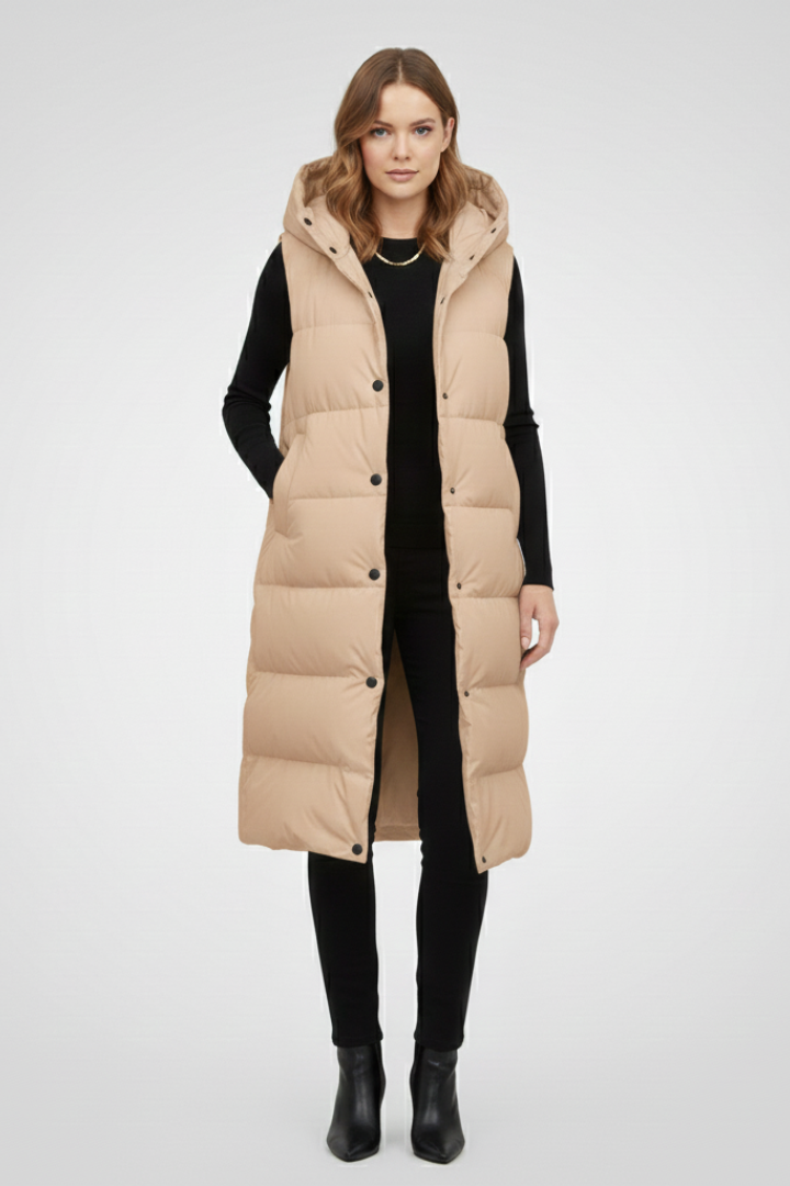 Juno | Gilet long à capuche pour femme – Longueur mi-longue et poches latérales