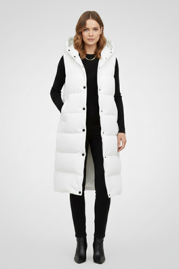 Juno | Gilet long à capuche pour femme – Longueur mi-longue et poches latérales